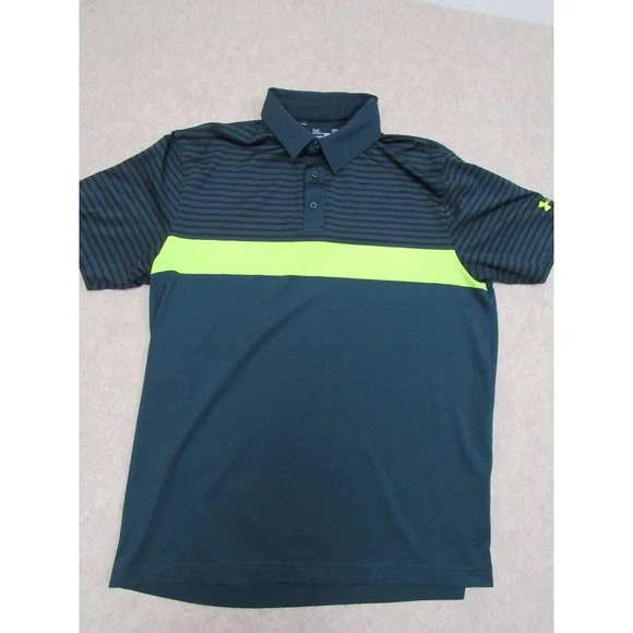 Under Armour HeatGear Coldblack Polo Shirt Mens Large Teal Striped Neon 1253472 - Picture 3 of 9